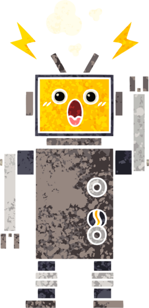 Bir insan tarafından çizilmiş bozulmuş bir robotun retro çizim tarzı karikatürü