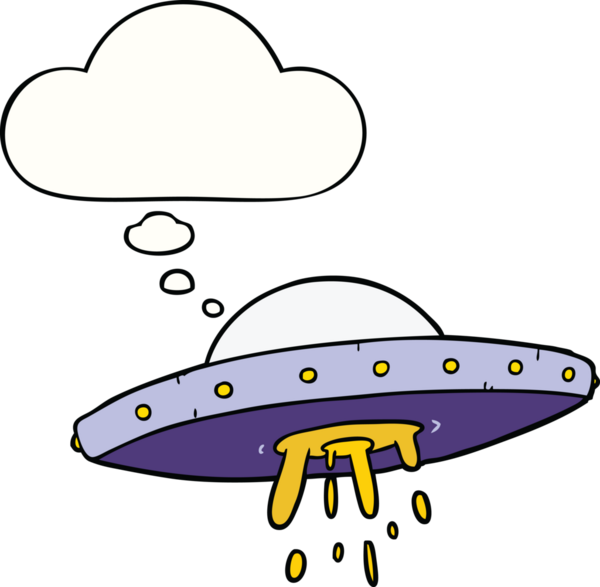 Bir insan tarafından çizilmiş düşünce baloncuklu uçan bir UFO.