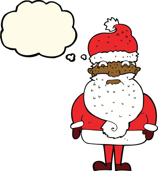 Huysuz Noel Baba çizgi filmi. Düşünce baloncuğu insan tarafından çizilmiş.