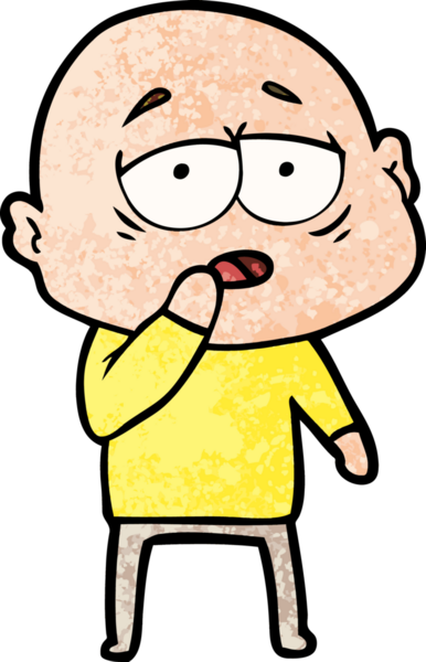 Bir insan tarafından çizilmiş yorgun, kel bir adam.