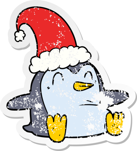 Bir insan tarafından çizilmiş noel şapkası giyen bir penguen karikatürü.