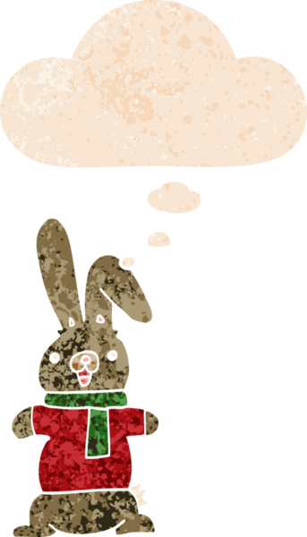 Düşünce baloncuklu çizgi film tavşanı grunge dertli eski moda bir insan tarafından çizilmiş.