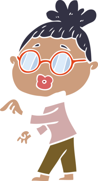Düz renkli karikatür kadın bir insan tarafından çizilmiş gözlük giyiyor.