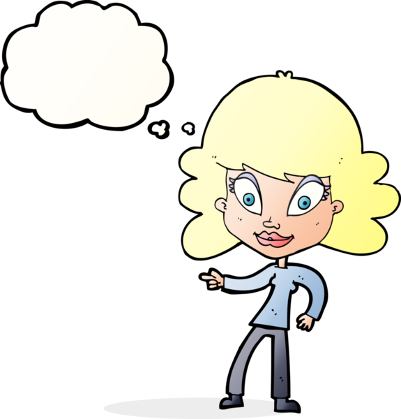 Bir insan tarafından çizilmiş düşünce balonuyla işaret eden çizgi film kadını.