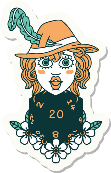 Bir insan şairin çıkartması. Bir insan tarafından çizilmiş doğal 20 zarlı.