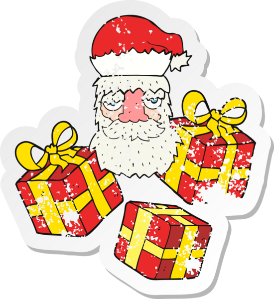 Çizgi filmin gerilemiş çıkartması. Yorgun Noel Baba suratı. Bir insan tarafından çizilmiş hediyeler.