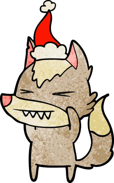 Kızgın kurt eli, bir insan tarafından çizilmiş Noel Baba şapkası giymiş bir karikatür çizmiş.