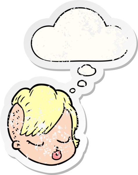 Düşünce baloncuklu karikatür kadın yüzü bir insan tarafından çizilmiş yıpranmış bir çıkartma gibi.