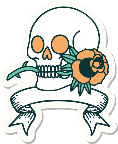 Bir insan tarafından çizilmiş kafatası ve gül şeklinde dövme stili.