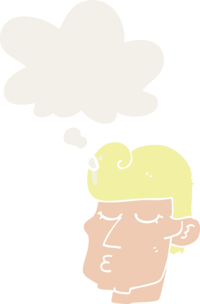 Düşünce baloncuğu olan yakışıklı bir karikatür insan tarafından çizilmiş.