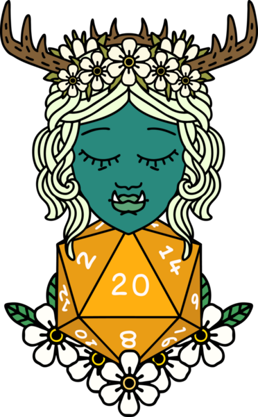 Retro Dövme Biçimi Yarı Ork Druid Bir insan tarafından çizilmiş 20 zar ile