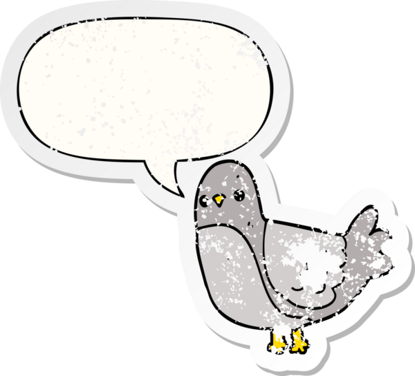 Konuşma baloncuğu olan çizgi film kuşu, bir insan tarafından çizilmiş sıkıntılı eski bir çıkartma.