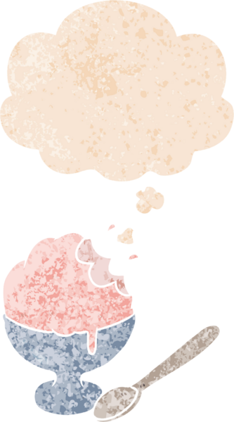 Düşünce baloncuklu karikatür dondurması bir insan tarafından çizilmiş dertli retro tarzı.