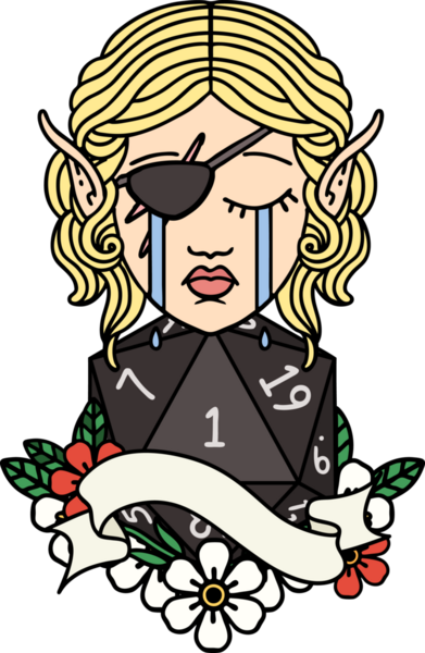 Retro Dövme Tarzı Ağlayan Elf düzenbaz karakter yüzü ve bir insan tarafından çizilmiş doğal bir D20 rulo