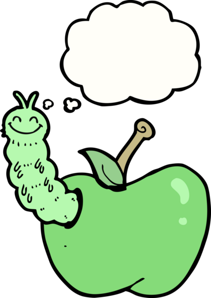 Bir insan tarafından çizilmiş düşünce balonlu elma yiyen çizgi film böceği.