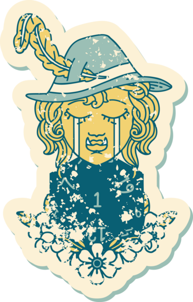 Retro Dövme Tarzı Hüzünlü yarım Ork Ozan Karakteri Bir insan tarafından çizilmiş doğal bir d20 rulo