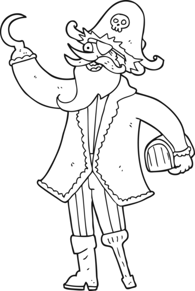 Bir insan tarafından çizilmiş siyah beyaz karikatür korsan kaptanı