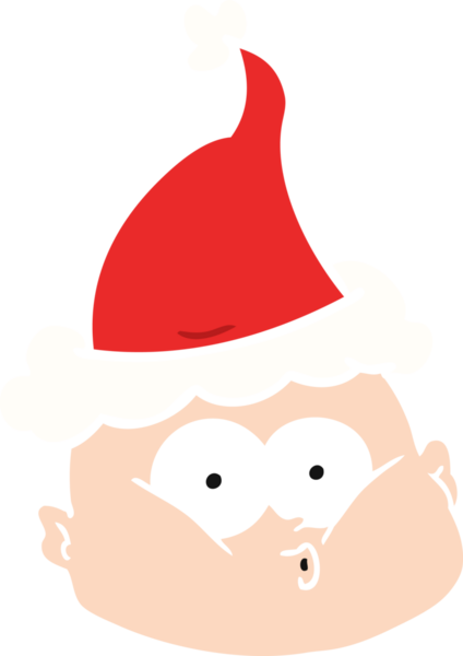 Bir insan tarafından çizilmiş Noel Baba şapkası giyen meraklı kel bir adamın el çizimi düz bir resim.