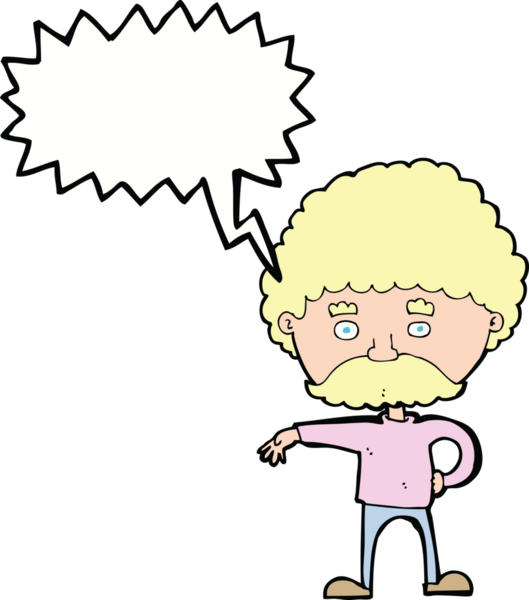 Çizgi filmdeki bıyıklı adam, bir insan tarafından çizilmiş konuşma baloncuğuyla kamp jesti yapıyor.