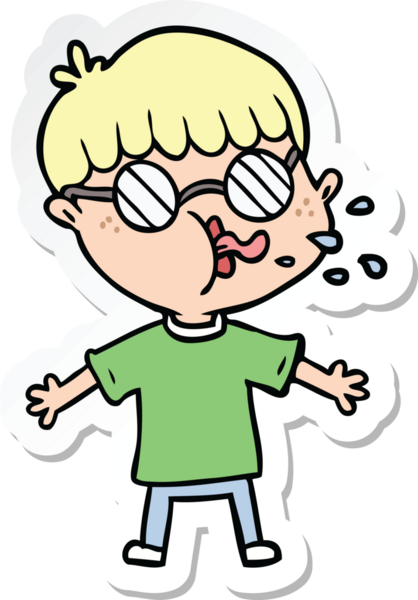 Bir insan tarafından çizilmiş gözlüklü bir çizgi film çocuğunun çıkartması.