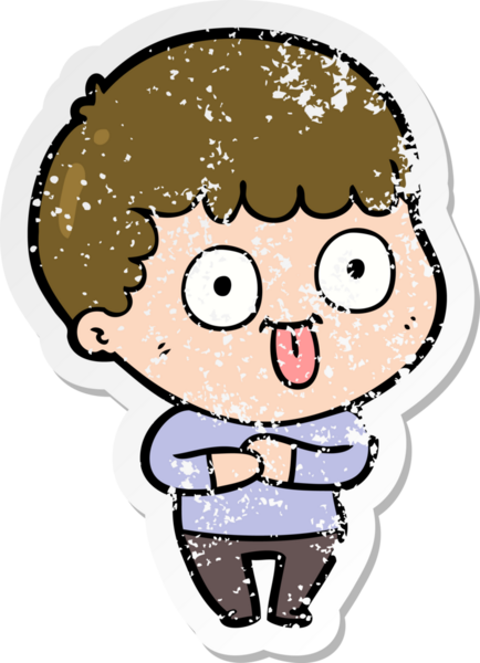 distressed sticker of a cartoon dumb kid drawn by a human