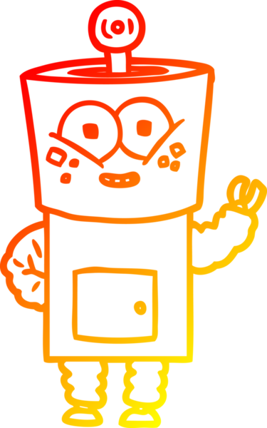 Bir insan tarafından çizilen el sallayan mutlu çizgi film robotunun sıcak çizgi çizimi