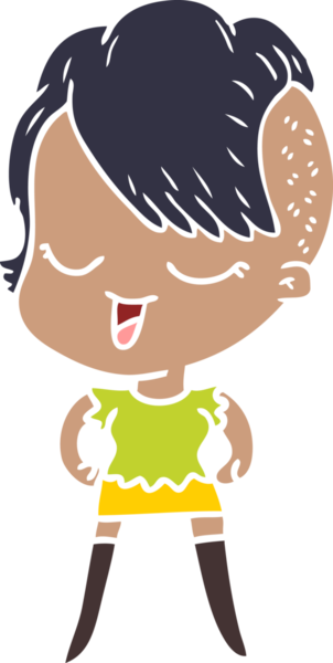 Bir insan tarafından çizilmiş mutlu düz renkli çizgi film kızı.