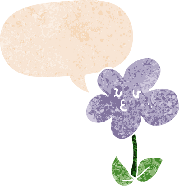 Bir insan tarafından çizilmiş grunge dertli retro biçimli konuşma baloncuklu karikatür çiçeği