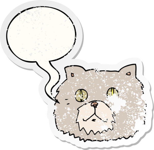 Konuşan kedi suratlı karikatür, bir insan tarafından çizilmiş sıkıntılı eski bir çıkartma.