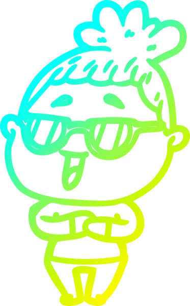 Bir insan tarafından çizilmiş gözlük takan mutlu bir kadının çizgi film çizimi.