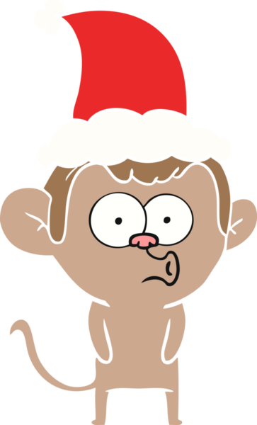 Bir insan tarafından çizilmiş Noel Baba şapkası giyen bir maymunun el çizimi düz renk çizimi.