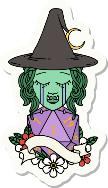 Ağlayan bir Ork cadısının çıkartması. Bir insan tarafından çizilmiş doğal bir D20 rulosu.