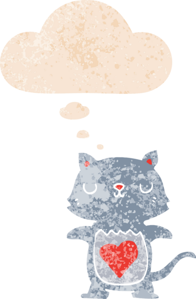 Düşünce baloncuklu sevimli çizgi film kedisi grunge sıkıntılı retro desen bir insan tarafından çizilmiş