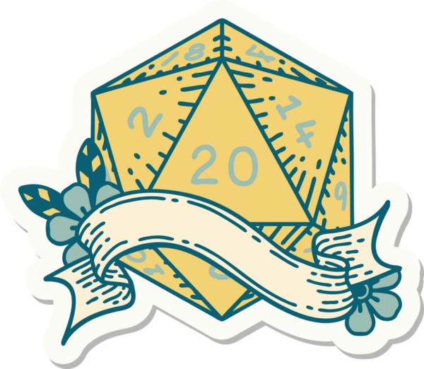 Bir insan tarafından çizilmiş 20 D20 zarının çıkartması.