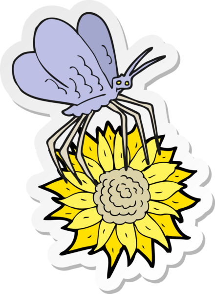 Bir insan tarafından çizilmiş çiçeğin üzerindeki kelebeğin çıkartması.