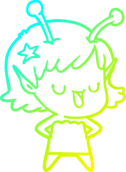 Bir insan tarafından çizilmiş mutlu bir uzaylı kız çizgi filmi.