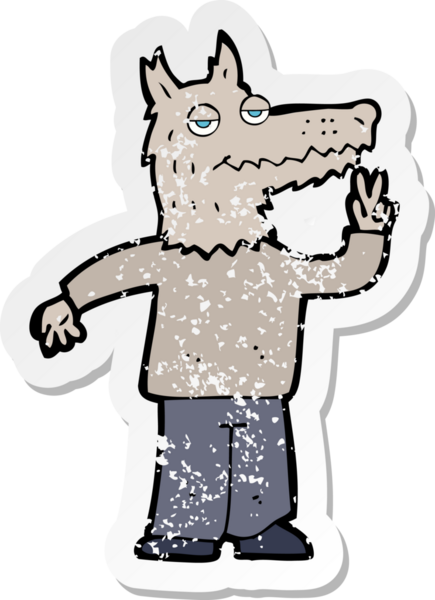 Bir insan tarafından çizilmiş mutlu kurt adam çizgi filminin kederli retro yapıştırması.