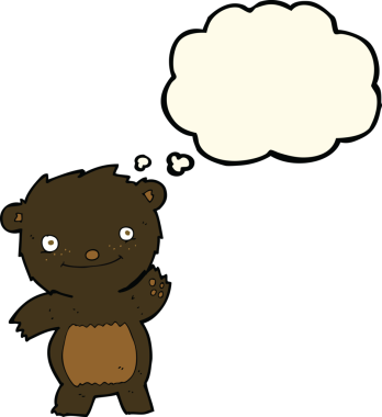 Bir insan tarafından çizilmiş düşünce baloncuğu ile siyah ayı yavrusunu sallayan çizgi film.