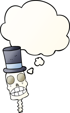 Bir insan tarafından çizilmiş, düşünce baloncuklu, karikatürlü, ürkütücü kafatası.