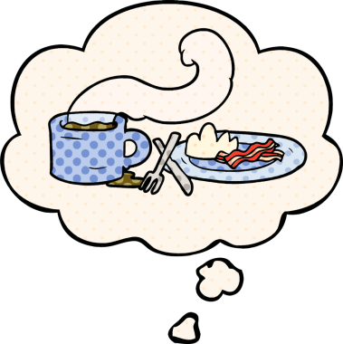 Bir insan tarafından çizilmiş, düşünce baloncuklu karikatür kahvaltısı.