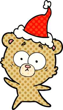 Endişeli ayı eli bir insan tarafından çizilmiş Noel Baba şapkasının çizgi roman çizimi