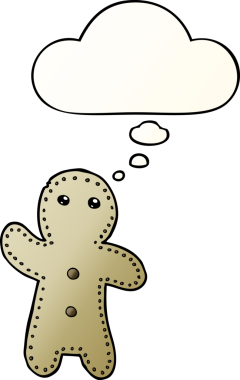 Düşünce baloncuklu zencefilli kurabiye adam bir insan tarafından çizilmiş yumuşak bir gradyan tarzıyla