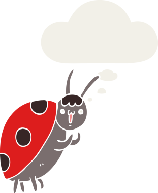 Düşünce baloncuğu insan tarafından çizilmiş sevimli uğur böceği çizgi filmi.