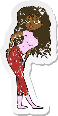 Bir karikatürün gerilimli çıkartması. Çekici bir kadın. Bir insan tarafından çizilmiş.