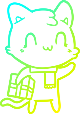 Bir insan tarafından çizilmiş eşarp takan mutlu bir kedinin çizimi.