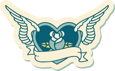 Geleneksel bir dövme stili. Uçan kalp. Çiçekler ve bir insan tarafından çizilmiş bayrak.