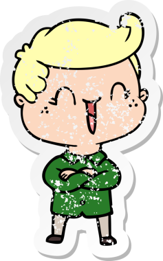 Bir çizgi film karakterinin sıkıntılı çıkartması. Gülen çocuk bir insan tarafından kollarını kavuşturuyor.