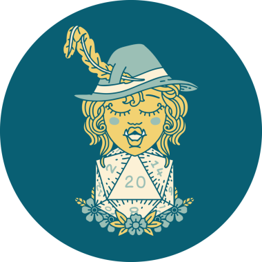 Retro Dövme Biçimi Yarı Ork Ozanı Bir insan tarafından çizilmiş 20 zar ile