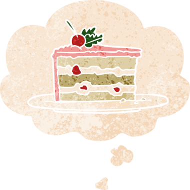 Düşünce baloncuklu çizgi film tatlı pastası grunge sıkıntılı retro dokuma tarzı bir insan tarafından çizilmiş