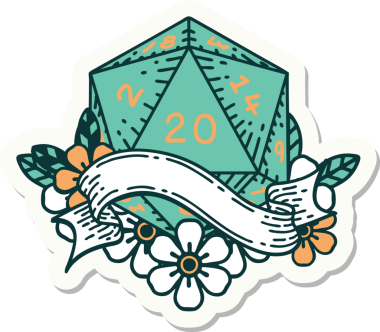 Bir insan tarafından çizilmiş 20 D20 zarının çıkartması.